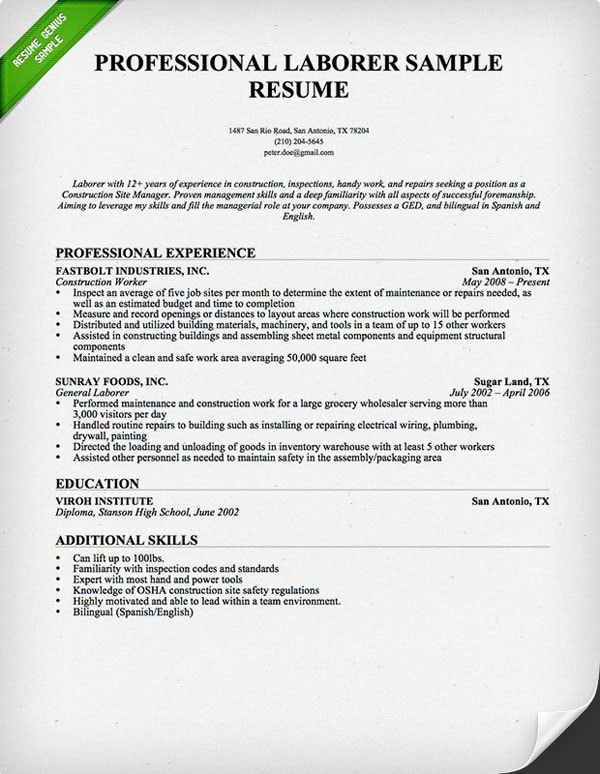 Construction Worker Resume