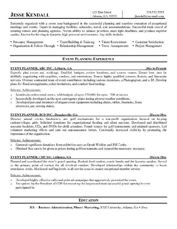 Event Planner Sample Resume