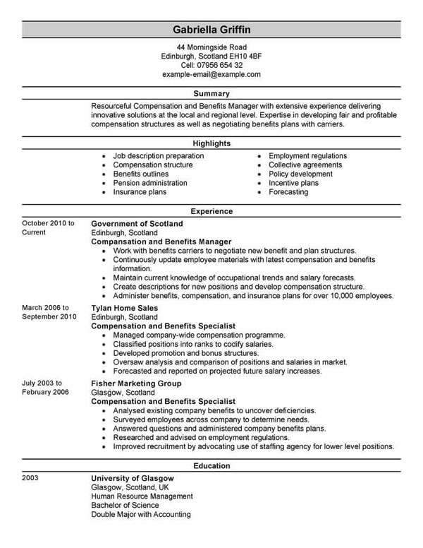 Sample resume for HR manager